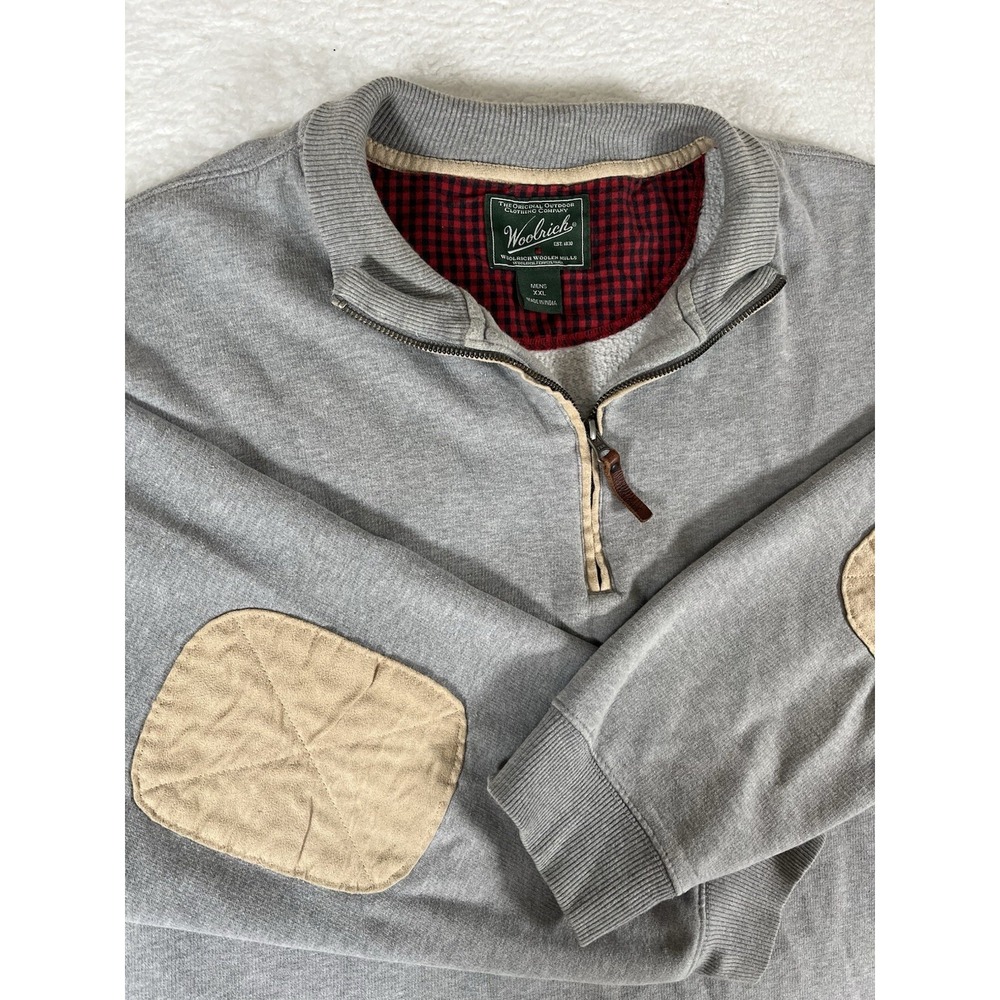 Woolrich Light Gray Cotton Quarter Zip Pullover Sweater Elbow Patches‎ Men's XXL